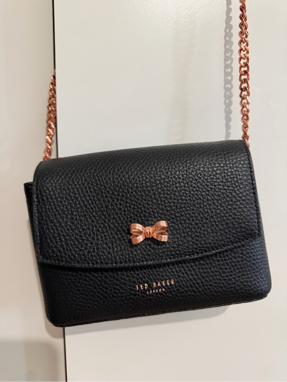 Ted Baker Black Pebbled Leather Crossbody with Rose Gold Chain & Bow
